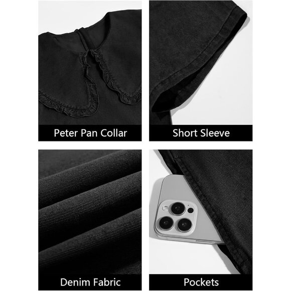 Women's Summer Denim Mini Dress Oversized Peter Pan Collar Casual Flowy - Picture 6 of 6